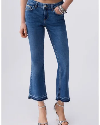 Blugi bootcut cu talie medie si terminatie nefinisata, Bleumarin