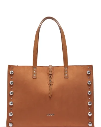 Geanta shopper de piele ecologica cu nituri, Caramel
