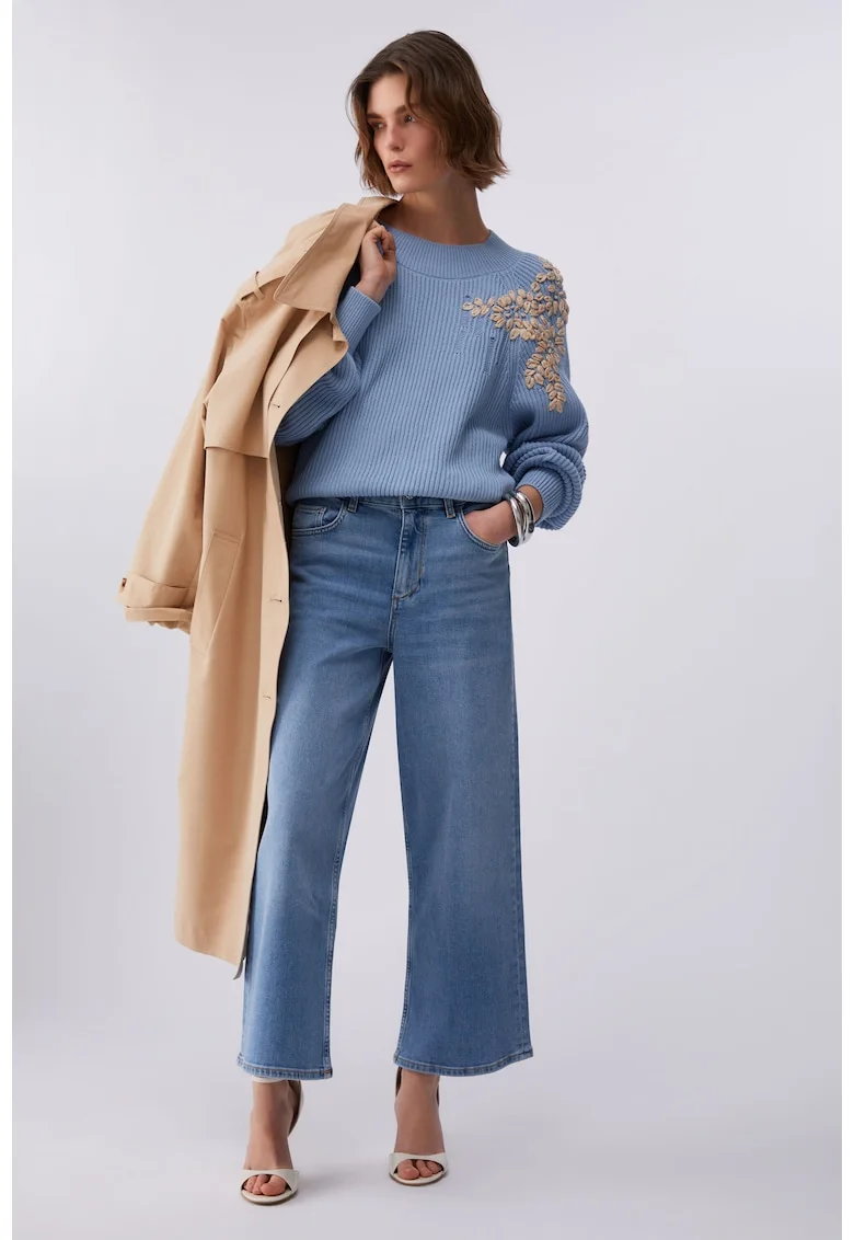 Blugi ampli crop cu talie medie, Albastru deschis/Bleumarin