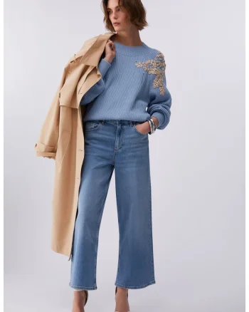 Blugi ampli crop cu talie medie, Albastru deschis/Bleumarin