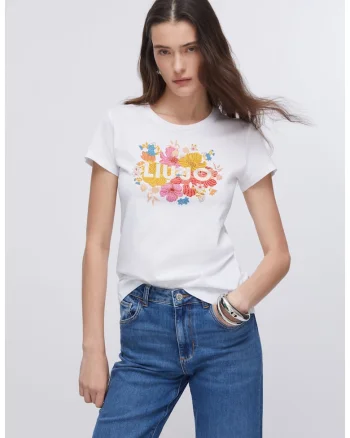 Tricou cu decolteu la baza gatului si logo cu strasuri, Alb/Galben/Roz