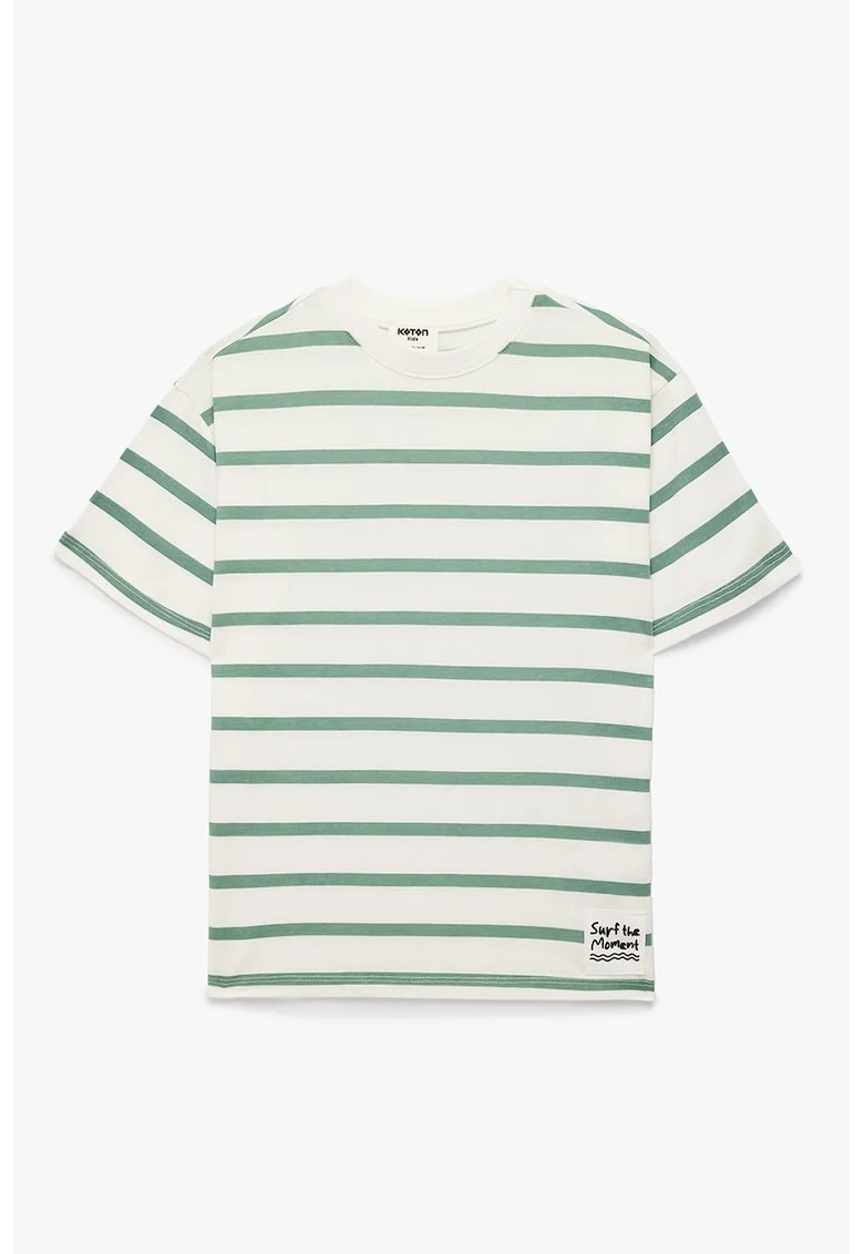 Tricou din bumbac cu dungi, Alb fildes/Verde feriga