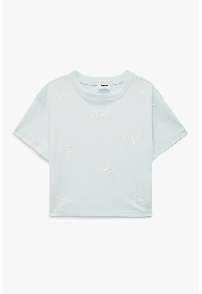 Tricou din bumbac cu aplicatii funde, Alb/Albastru pal