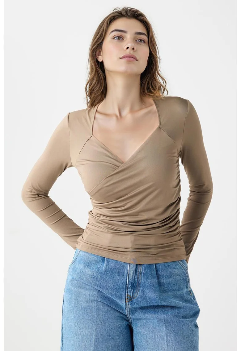 Bluza cu decolteu sweetheart, Maro taupe deschis