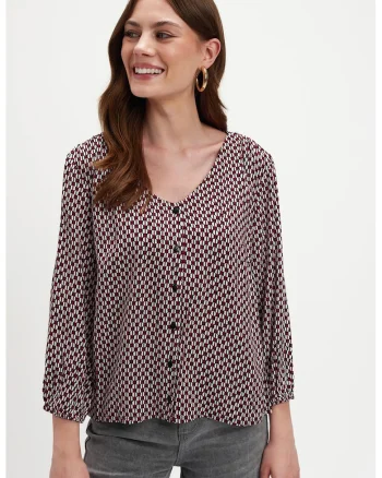 Bluza cu decolteu in V si mansete elastice, Rosu/Negru/Alb optic