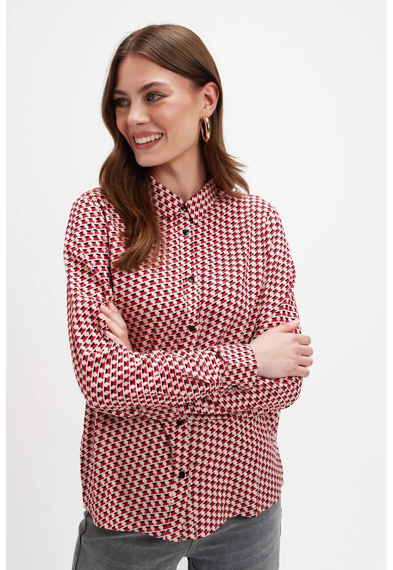 Camasa cu guler ascutit si model geometric, Rosu/Negru stins/Alb optic