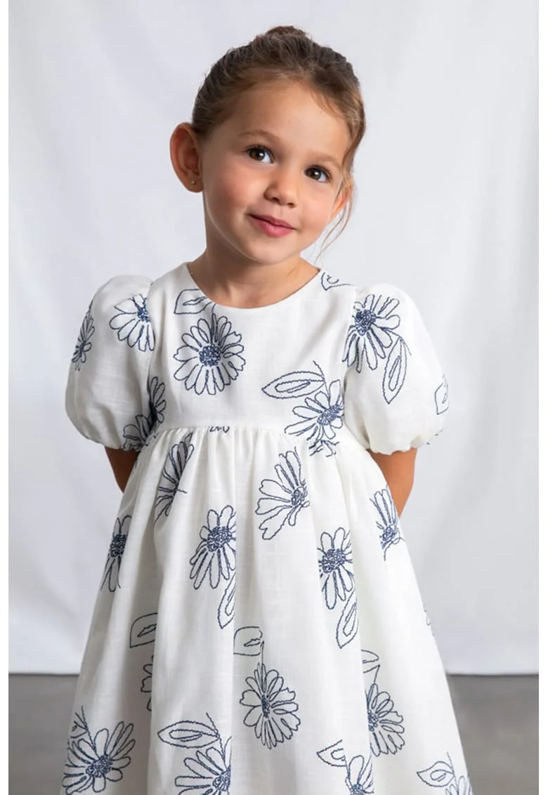 Rochie evazata cu imprimeu floral si maneci bufante, Alb/Bleumarin