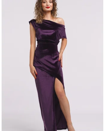 Rochie maxi catifelata cu decolteu pe un umar si slit frontal, Mov inchis