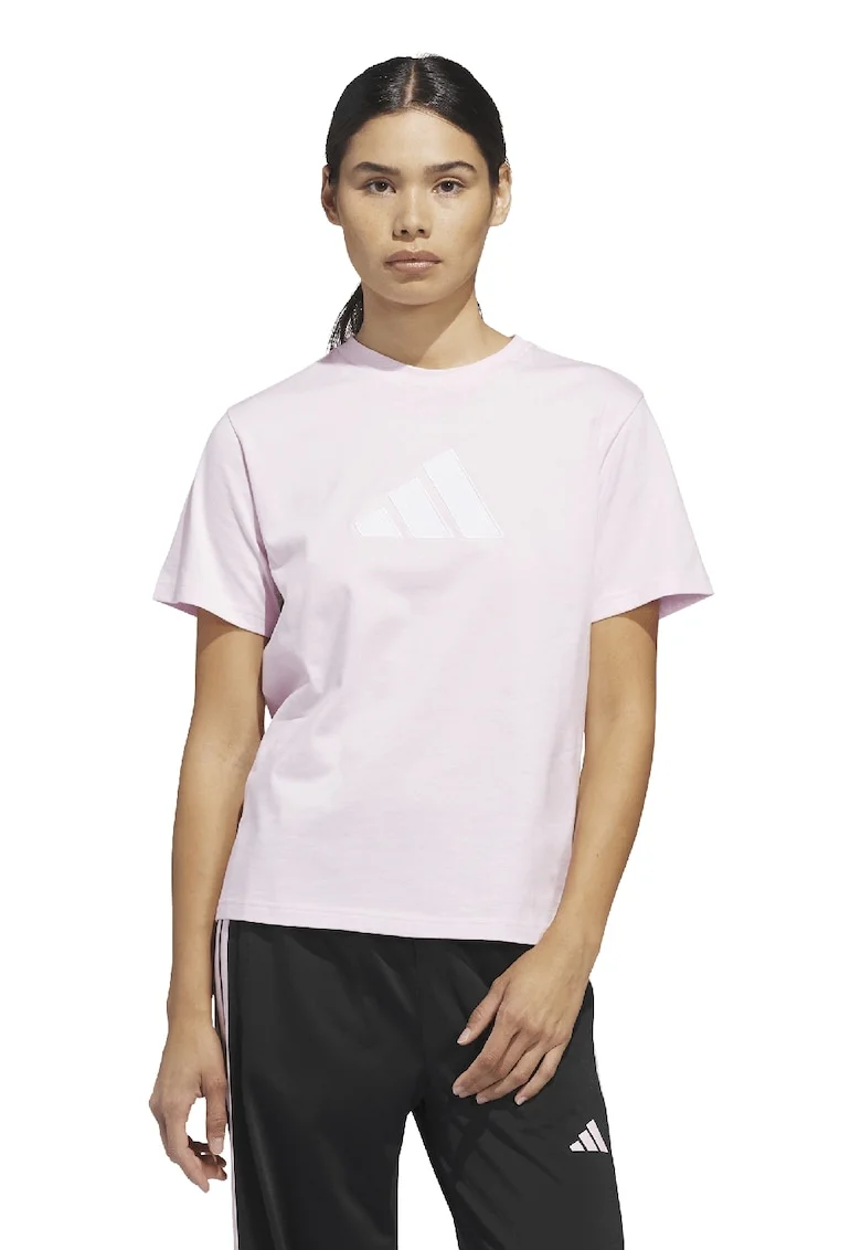 Tricou din bumbac cu decolteu la baza gatului si imprimeu logo Gingham, Alb/Roz pastel