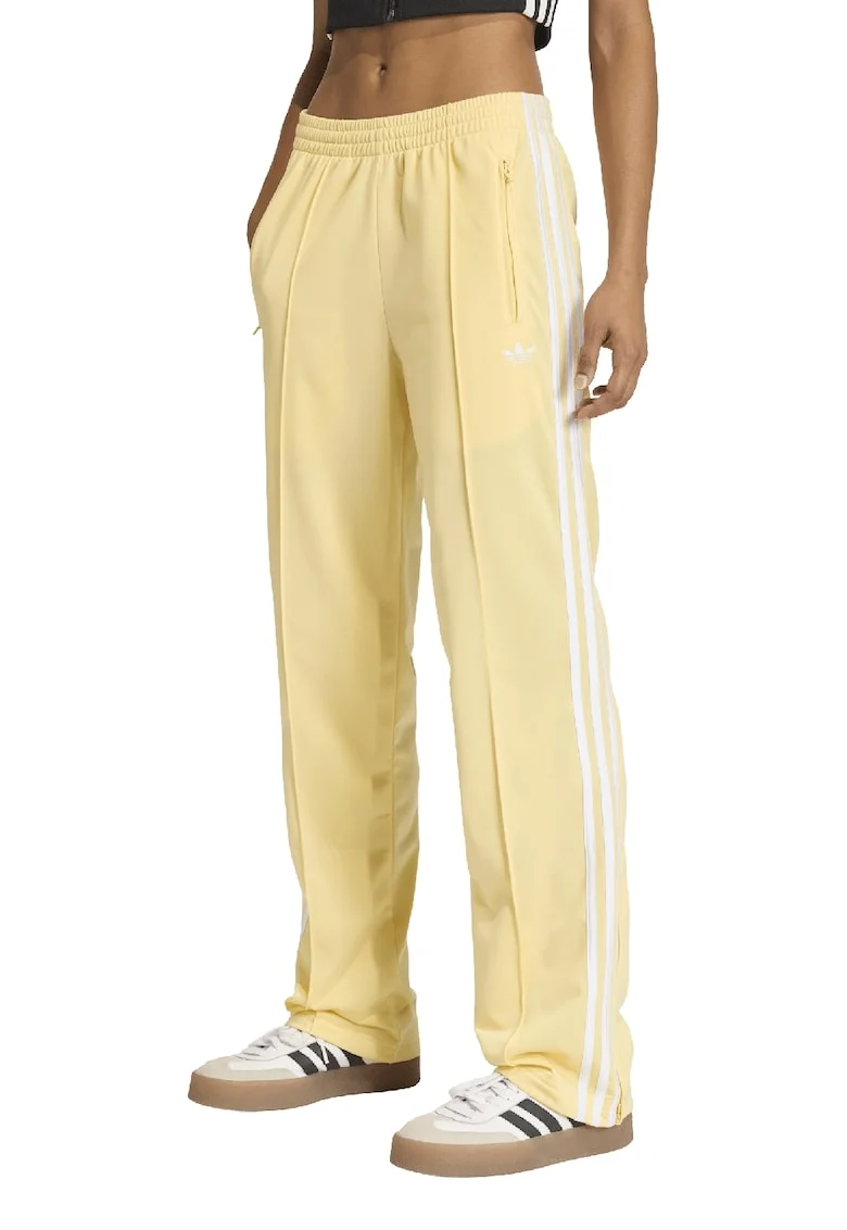 Pantaloni de trening cu talie medie si terminatii cu fermoar, Alb/Galben