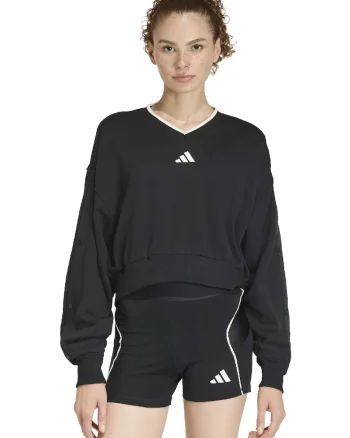 Bluza de trening cu croiala crop si decolteu in V Stadium, Alb/Negru