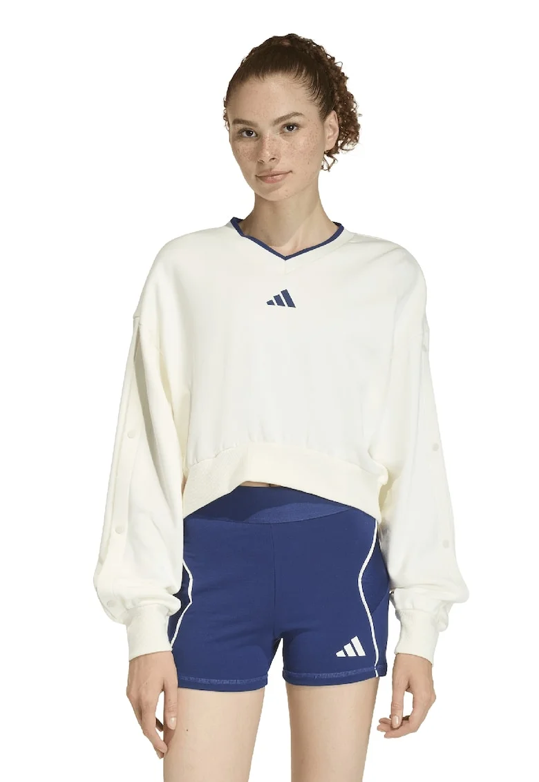 Bluza de trening cu croiala crop si decolteu in V Stadium, Crem/Bleumarin