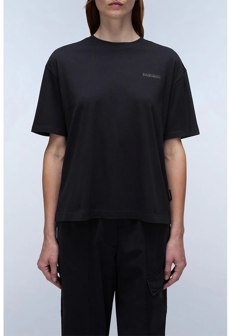 Tricou lejer cu decolteu la baza gatului si logo, Negru