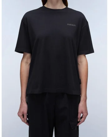 Tricou lejer cu decolteu la baza gatului si logo, Negru