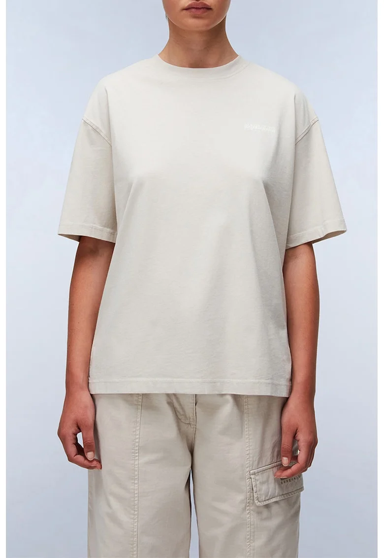 Tricou lejer cu decolteu la baza gatului si logo, Bej deschis