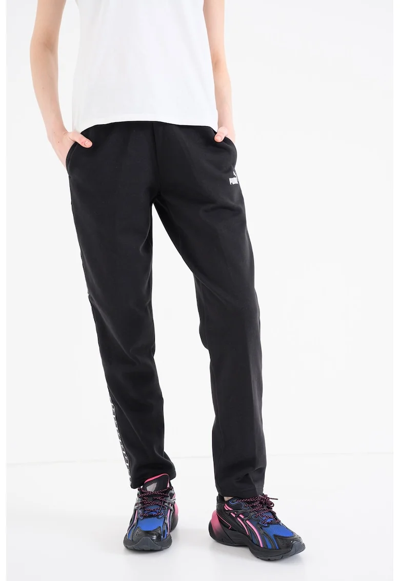 Pantaloni de trening cu benzi laterale cu logo Essentials, Negru/Alb murdar