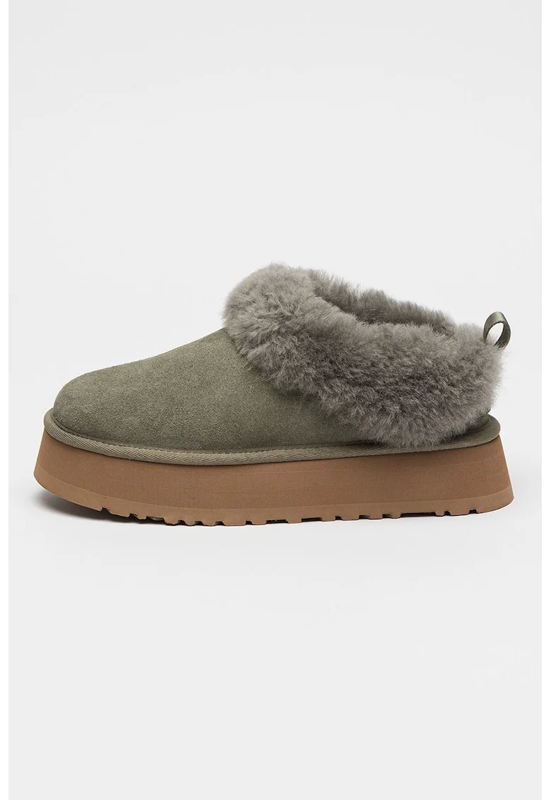 Ghete de piele intoarsa fara inchidere cu blana, Verde pal