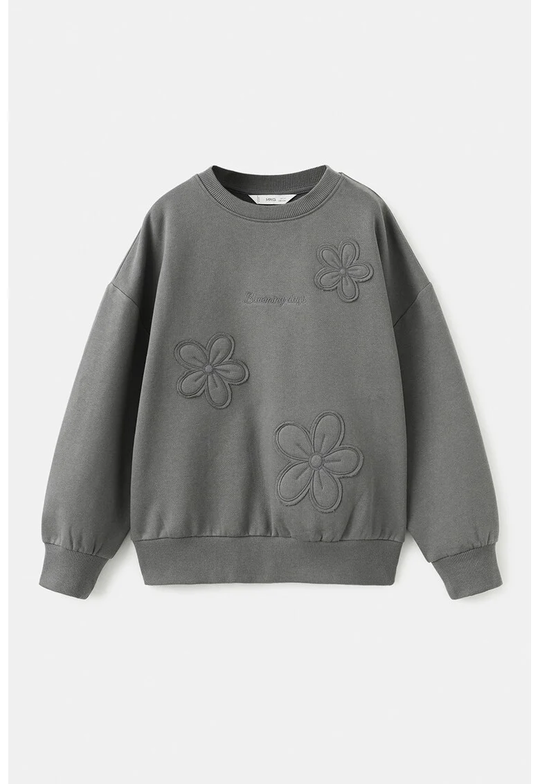Bluza de trening din bumbac cu aplicatii cu model floral, Gri inchis