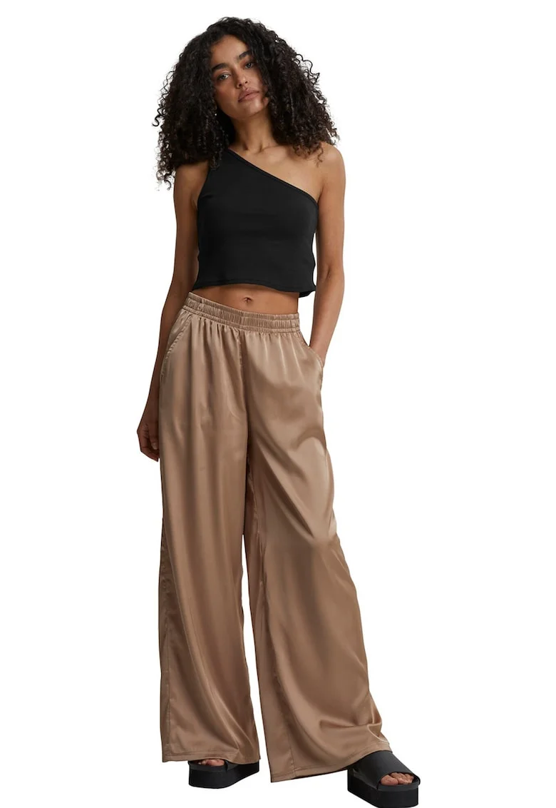 Pantaloni din satin cu croiala ampla si banda elastica in talie, Maro inchis