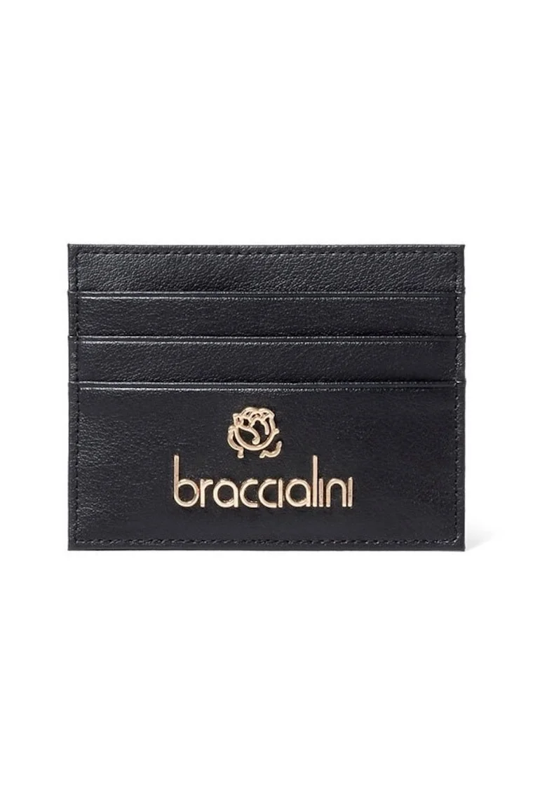 Portcart din piele cu logo, Negru, 8.5x11x1