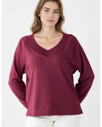 Bluza de trening din amestec de modal cu croiala lejera si decolteu in V, Visiniu