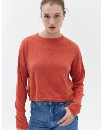 Pulover tricotat fin cu decolteu la baza gatului, Coral