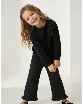 Bluza de trening cu aplicatii florale de dantela, Negru