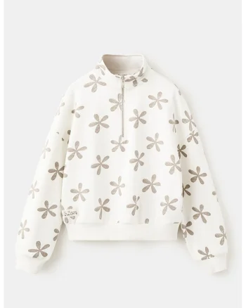 Bluza de trening din bumbac cu fermoar scurt, Maro camel/Alb murdar