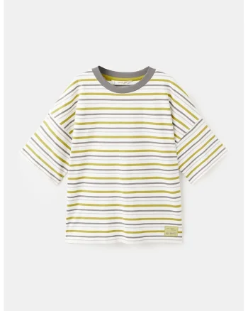 Tricou cu model in dungi si maneci cazute, Alb/Verde lime/Gri inchis