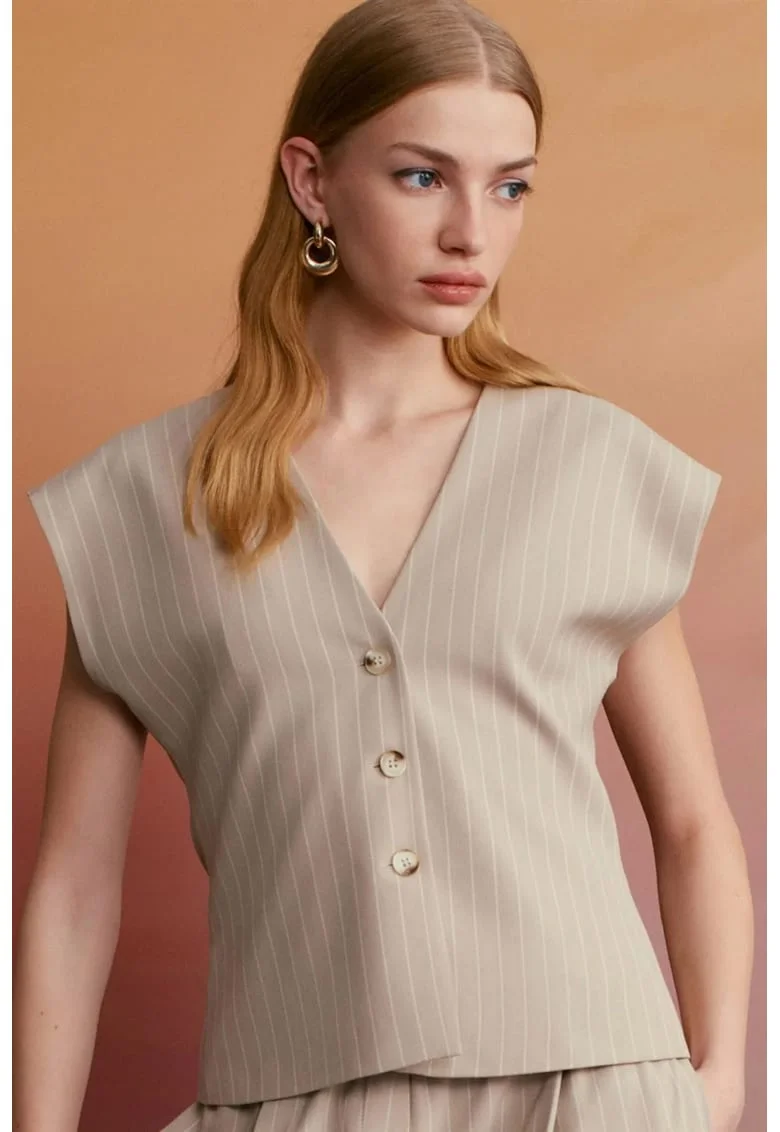 Vesta dama,  tesuta, casual, bej natural, poliester-viscoza-elastan