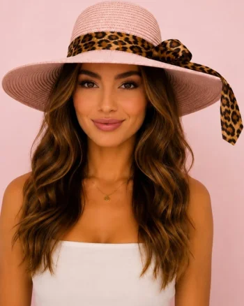 Palarie de plaja, pentru femei, ANGIE, cu boruri mari, ROZE Animal print