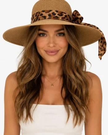 Palarie de plaja, pentru femei, ANGIE, cu boruri mari, BEJ Animal print