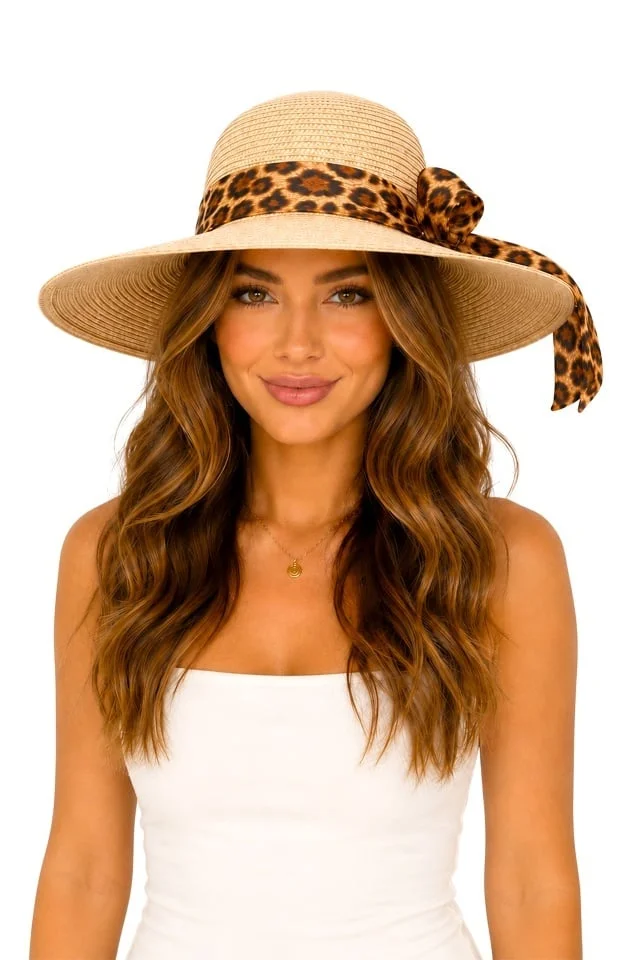 Palarie de plaja, pentru femei, ANGIE, cu boruri mari, CREM Animal print