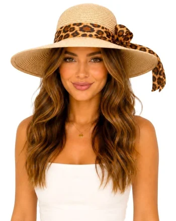 Palarie de plaja, pentru femei, ANGIE, cu boruri mari, CREM Animal print