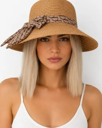 Palarie de plaja ALYNEA, cu bor mediu, conic si funda, Bej
