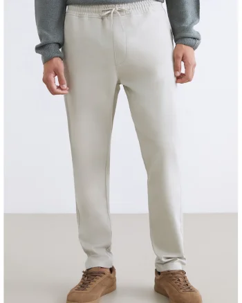 Pantaloni de trening cu snururi si model uni, Crem