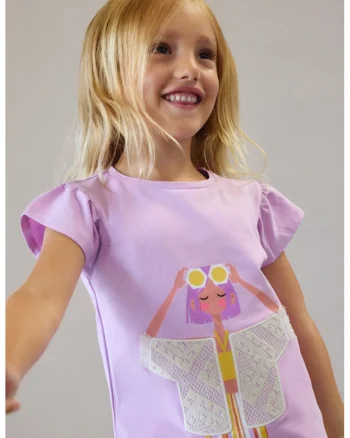 Tricou din amsetec de bumbac cu maneci fluture, Lila
