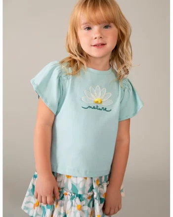 Tricou cu maneci fluture si detalii brodate, Albastru glaciar