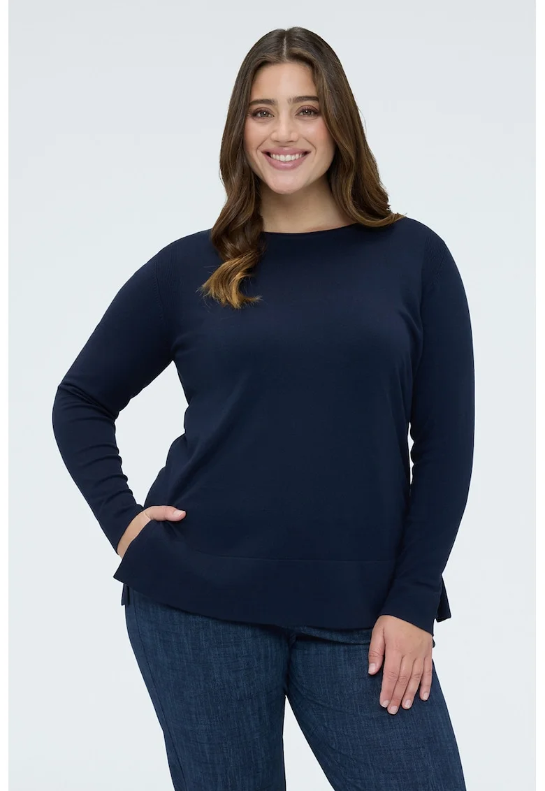 Pulover cu decolteu la baza gatului si model uni, Bleumarin