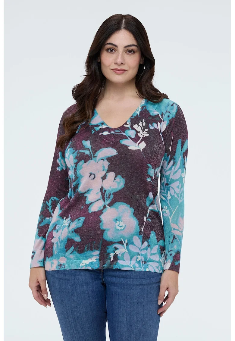 Pulover cu decolteu in V si model floral, Alb/Violet aubergine/Albastru deschis