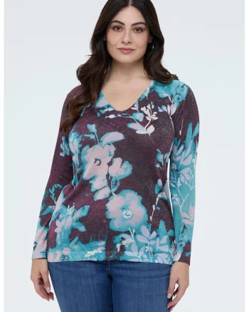 Pulover cu decolteu in V si model floral, Alb/Violet aubergine/Albastru deschis