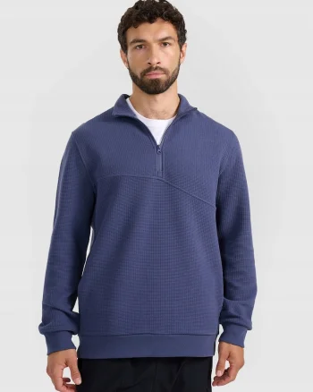 Hanorac barbati  bleumarin, croiala lejera, guler ridicat, tricot waffle, poliester