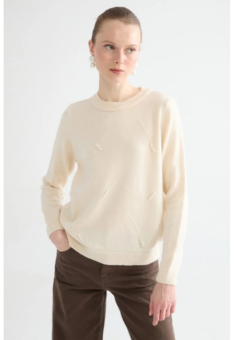 Pulover regular fit cu decolteu la baza gatului, Bej deschis