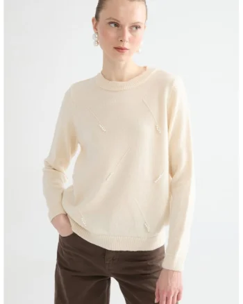 Pulover regular fit cu decolteu la baza gatului, Bej deschis