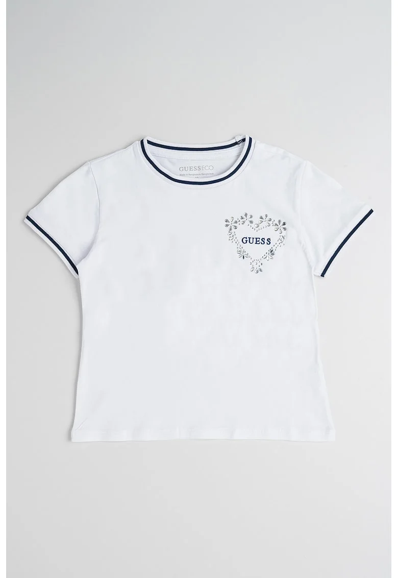 Tricou din amestec de bumbac cu logo pe piepe si aplicatii, Alb/Bleumarin