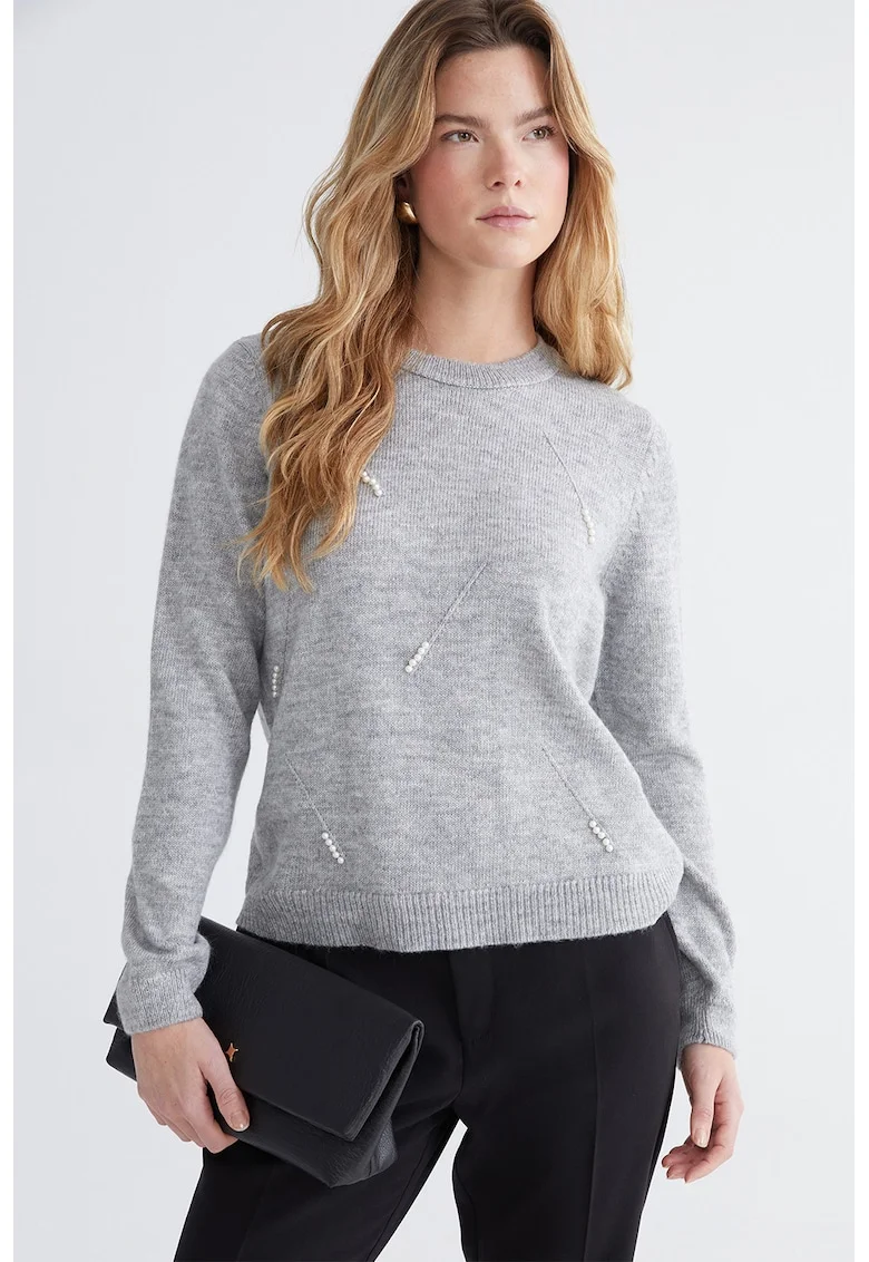 Pulover regular fit cu decolteu la baza gatului, Gri melange