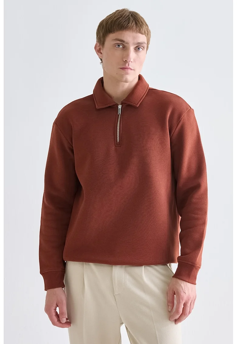 Bluza de trening polo cu fenta scurta cu fermoar, Rosu inchis