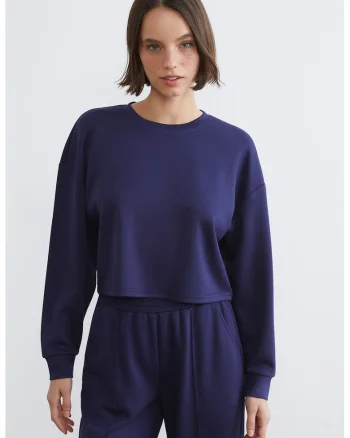 Bluza crop de trening cu maneci cazute, Bleumarin