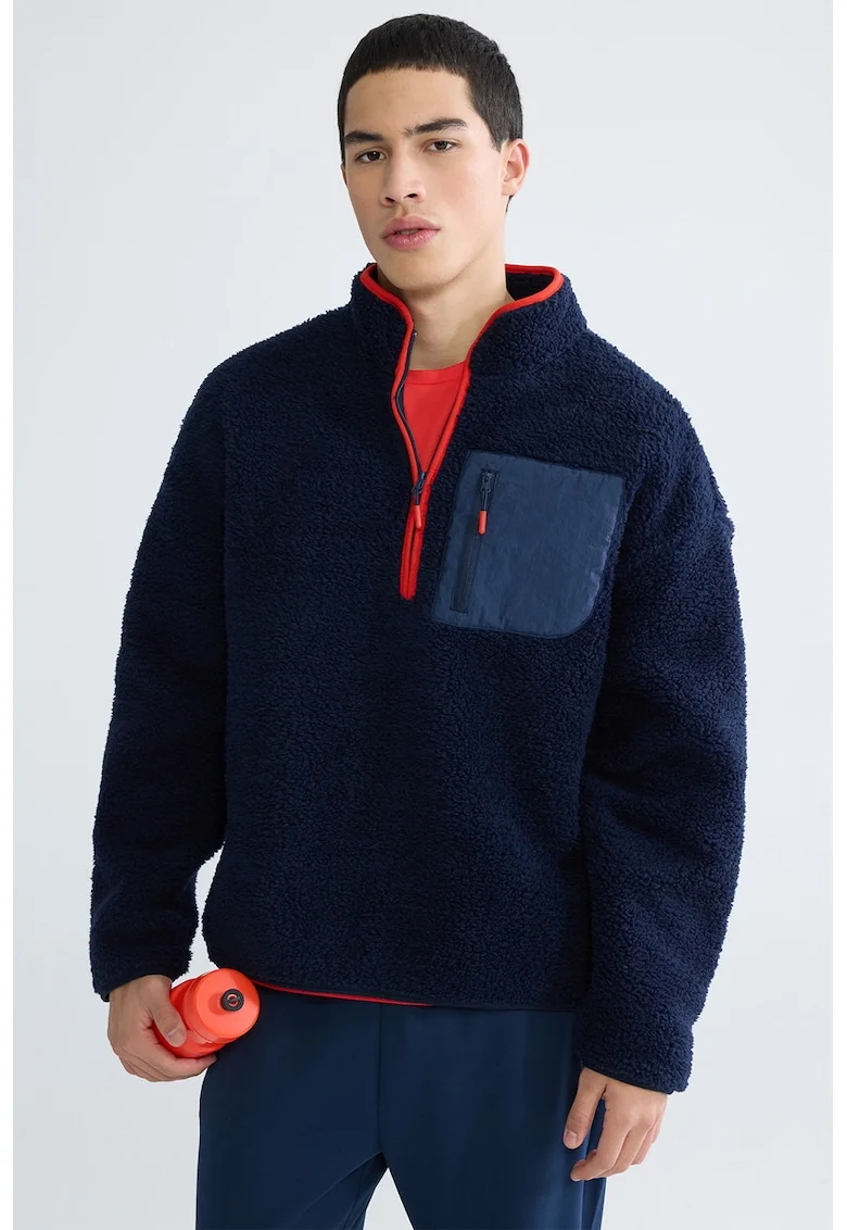 Bluza de trening din material teddy cu fenta cu fermoar, Bleumarin