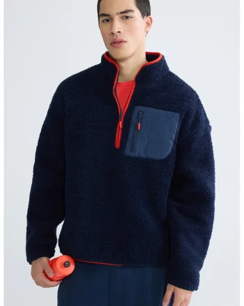 Bluza de trening din material teddy cu fenta cu fermoar, Bleumarin